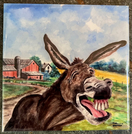 " Laughing Donkey" Ceramic Trivet Original Watercolor by Brad Tonner