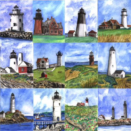 "Lighthouses of New England"  Ceramic Trivet  Original Watercolor by Brad Tonner