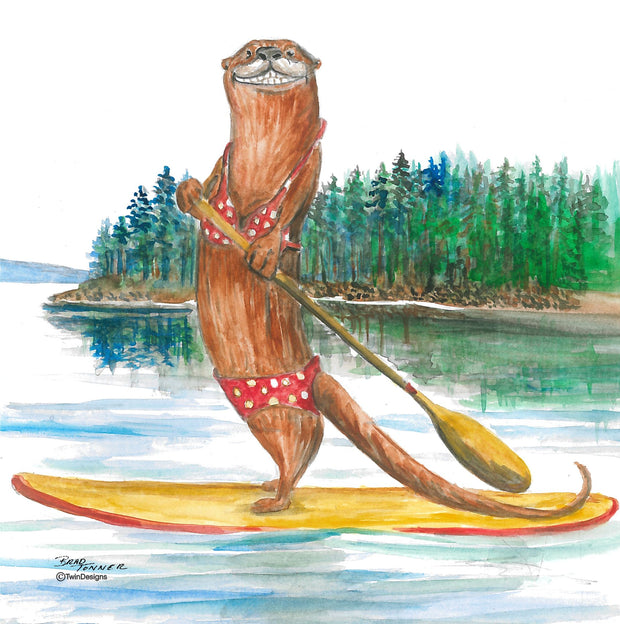 "Paddle Boarding Otter"  Ceramic Trivet Original Watercolor by Brad Tonner