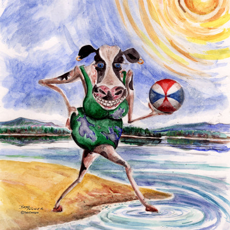 "Cow Having a Ball"  Ceramic Trivet Original Watercolor by Brad Tonner