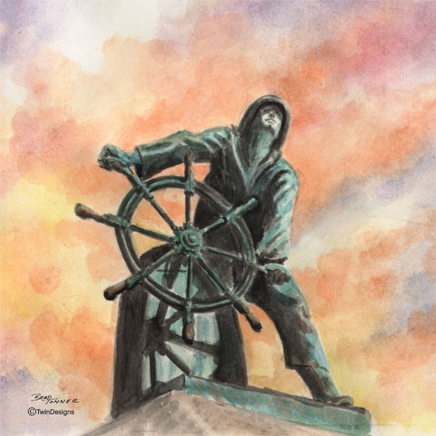"They that go down to the sea in ships Sunrise Fisherman". Ceramic Trivet Original Watercolor by Brad Tonner