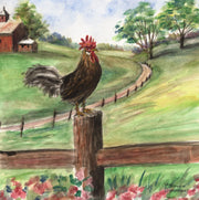 "Country Rooster" Ceramic Trivet Original Watercolor by Brad Tonner