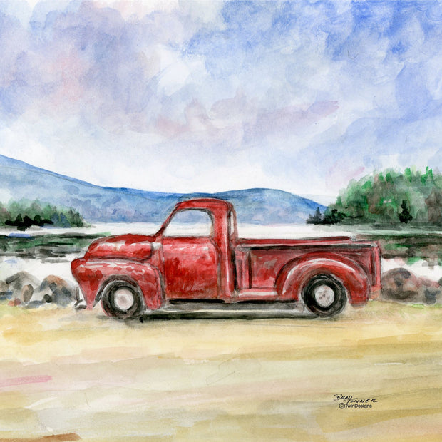 "Red Truck Afternoon"  Ceramic Trivet Original Watercolor Brad Tonner