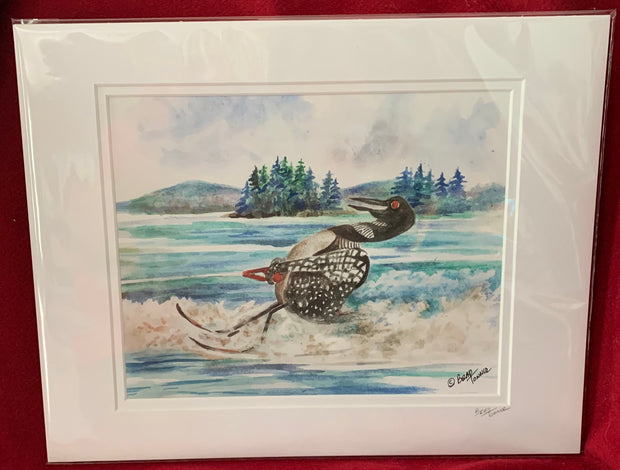 "Loon Water Skiing" Matted Print of an Original Watercolor by Brad Tonner