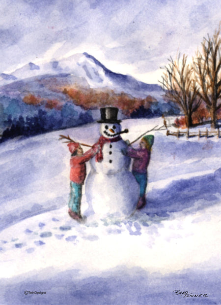 "Christmas Morning Building a Snowman" Boxed Christmas Cards Original Watercolor by Brad Tonner
