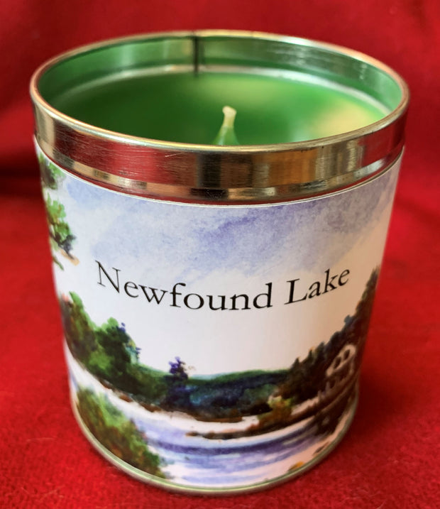 12oz Candle Featuring an Original Watercolor by Brad Tonner of Loon Island Newfound Lake New Hampshire