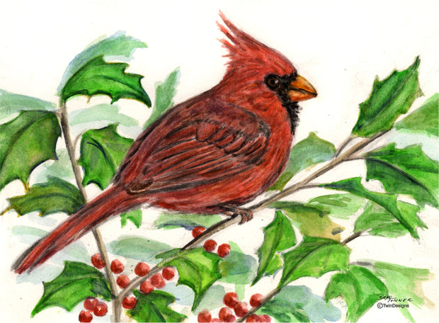 "Christmas Cardinal" Boxed Christmas Card Original Watercolor by Brad Tonner