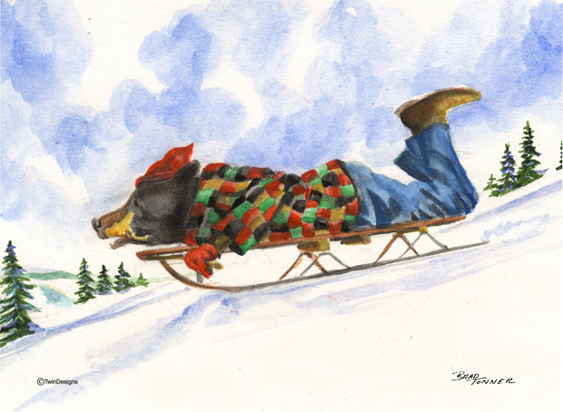 "Christmas Morning Sledding" Boxed Christmas Cards Original Watercolor by Brad Tonner