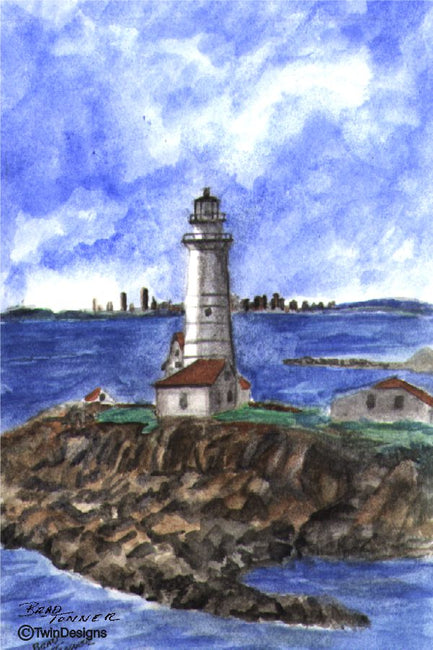 "Boston Harbor Lighthouse" Boxed Note Cards Original Watercolor Brad Tonner