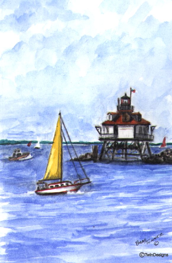 "Thomas Point Shoal Lighthouse Maryland" Boxed Note Cards Original Watercolor by Brad Tonner