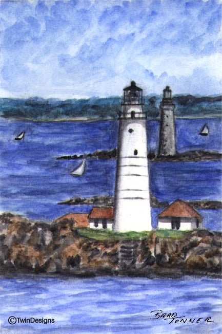 "Boston and Graves Lighthouses Massachusetts" Boxed Note Cards Original Watercolor by Brad Tonner