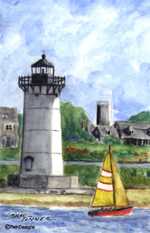 "Edgartown Harbor Lighthouse Martha's Vineyard" Boxed Note Cards Original Watercolor by Brad Tonner
