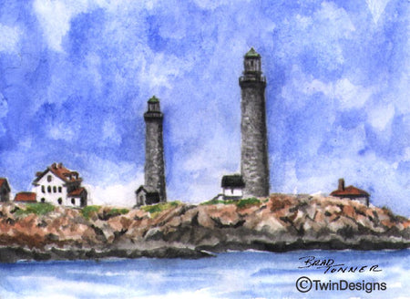 "Twin Lighthouses Rockport Massachusetts" Boxed Note Cards Original Watercolor by Brad Tonner