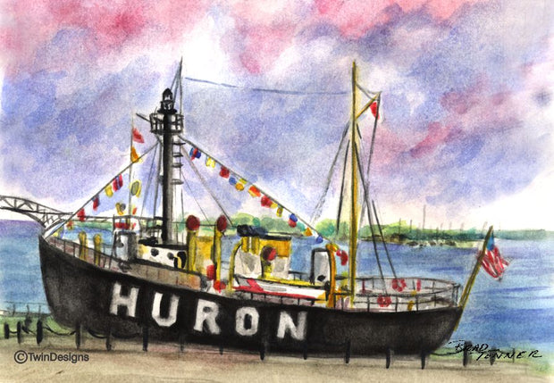 "Huron Lightship Michigan" Boxed Note Cards Original Watercolor by Brad Tonner