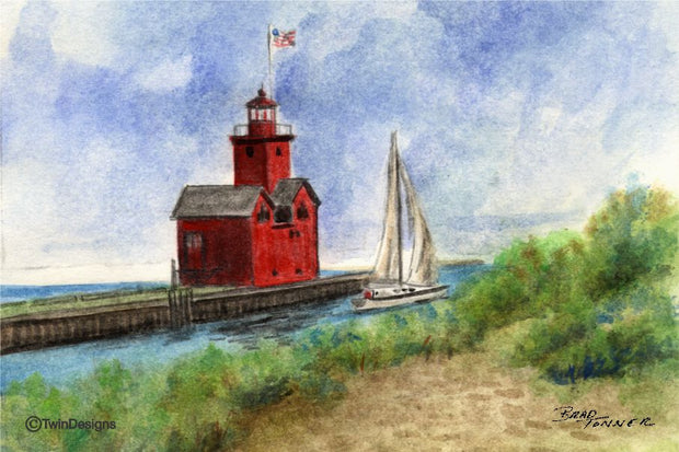 "Big Red Lighthouse Michigan" Boxed Note Cards Original Watercolor by Brad Tonner