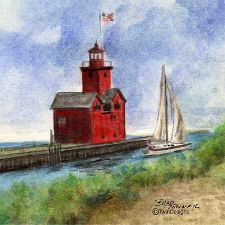 "Big Red Lighthouse Michigan" Ceramic Trivet Original Watercolor by Brad Tonner