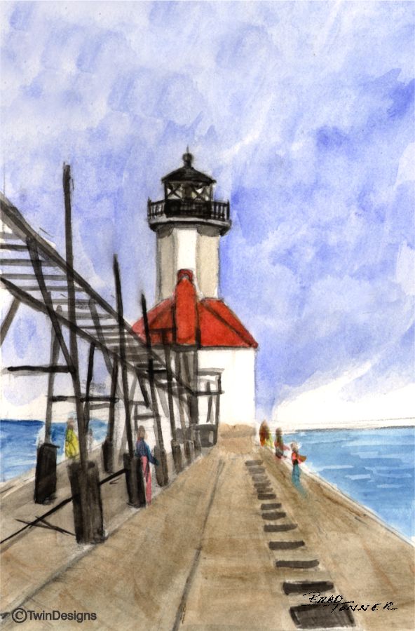 "St. Joseph North Pier Lighthouse Michigan" Boxed Note Cards Original Watercolor by Brad Tonner