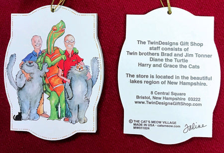 Cat's Meow TwinDesigns Logo Ornament Featuring Brad and Jim, Diane the Turtle and Harry and Grace the Cat!