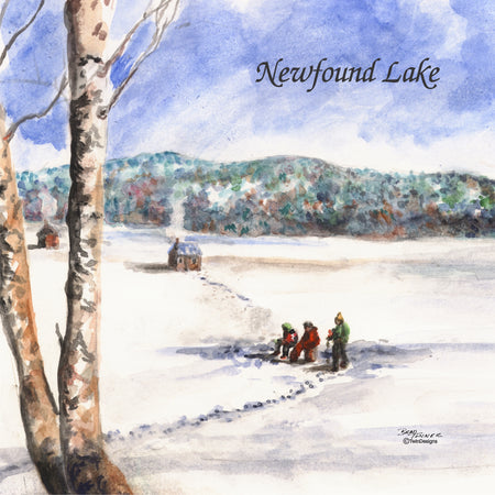 "Ice Fishing on Newfound Lake" Ceramic Tile Trivet  Original Watercolor by Brad Tonner. 6" x 6" Cork Backing.