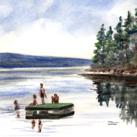 "Lake Raft" Ceramic Tile Trivet  Original Watercolor by Brad Tonner. 6" x 6" Cork Backing.