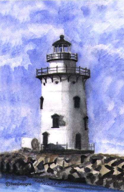 "Old Saybrook Breakwater Lighthouse Connecticut" Boxed Note Cards Original Watercolor by Brad Tonner