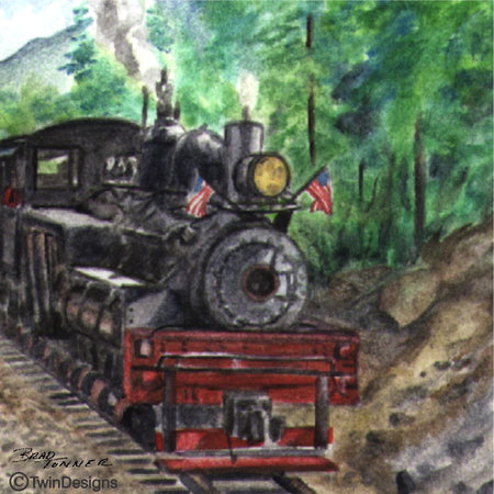 "Mountain Train" Ceramic Trivet Original Watercolor by Brad Tonner