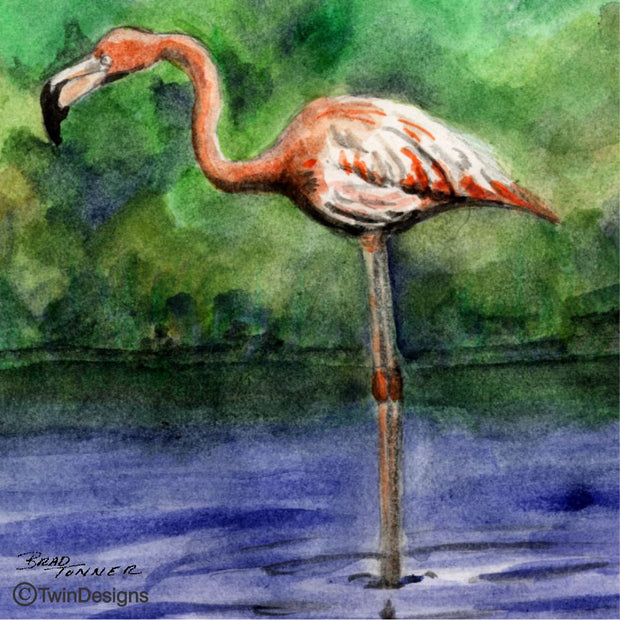 "Flamingo" Ceramic Tile Trivet  Original Watercolor by Brad Tonner. 6" x 6" Cork Backing.