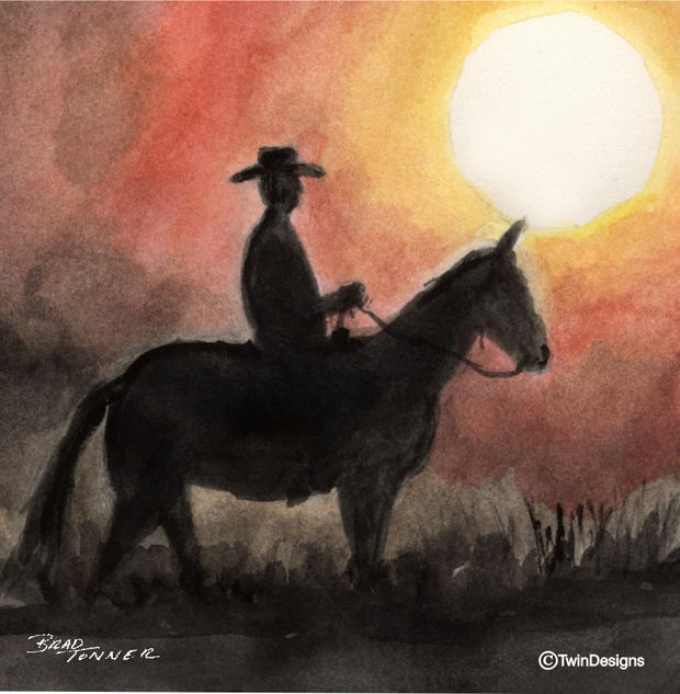 "Sunset Cowboy" Ceramic Trivet Original Watercolor by Brad Tonner